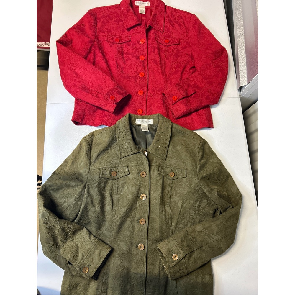 Petite Sophisticate Jacket Womens Large Red Olive Green 2pc Bundle Beaded Floral
